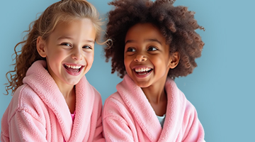 Two girls in pink spa robes laughing together, promoting the Quick Fix Express manicure and pedicure treatment