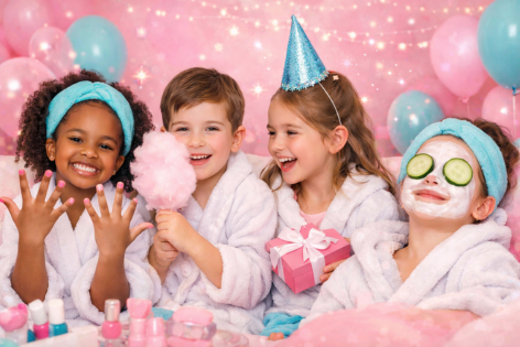 Group of children in white spa robes celebrating a birthday spa party, with balloons, cotton candy and a gift box