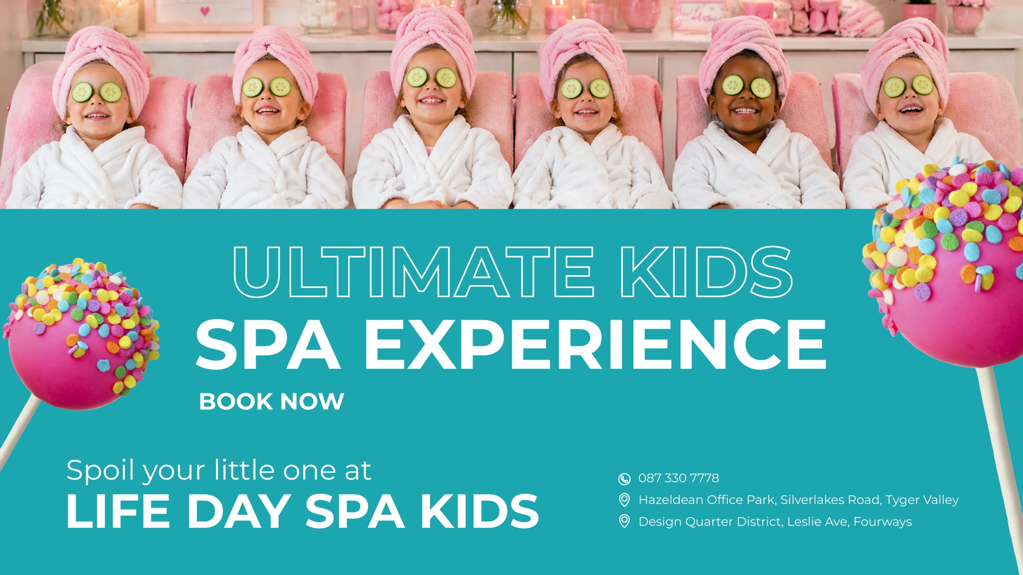Six children in white spa robes and pink towel turbans relaxing with cucumber eye slices, promotional banner for Life Day Spa Kids' Ultimate Kids Spa Experience
